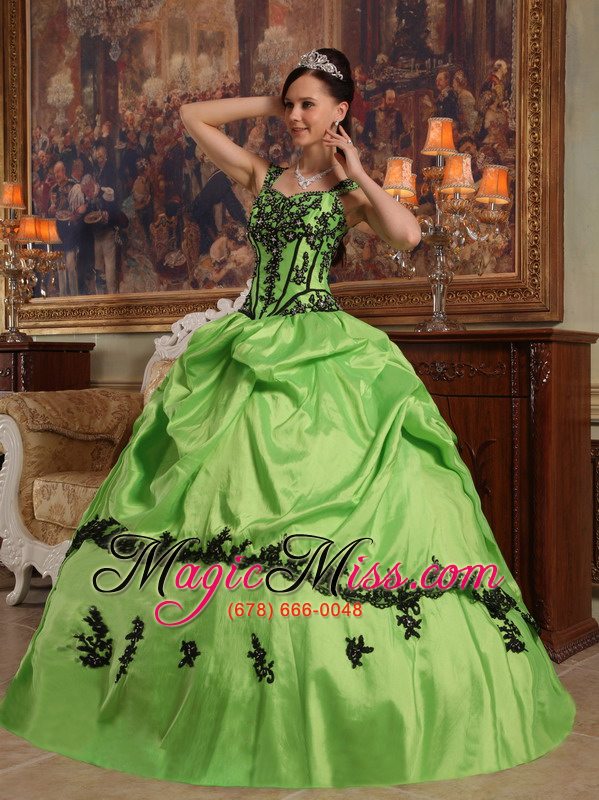 wholesale spring green ball gown straps floor-length appliques taffeta quinceanera dress