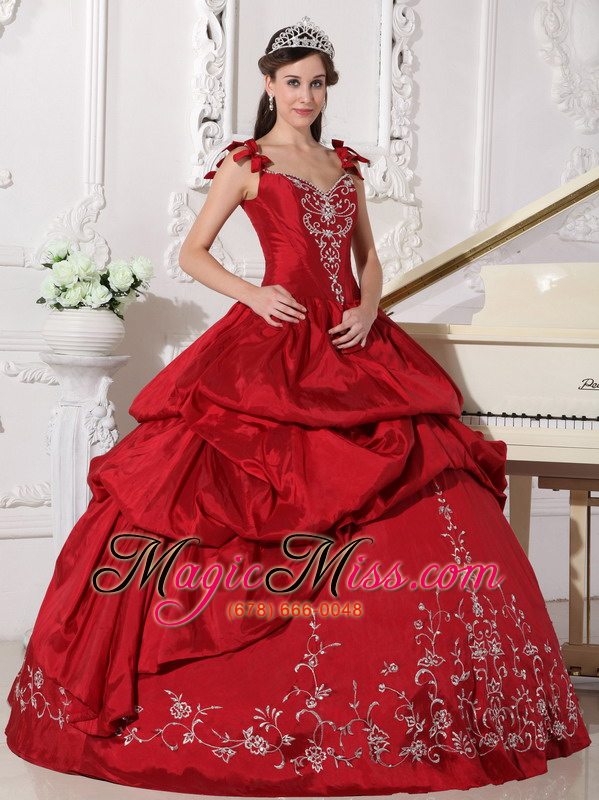 wholesale wine red ball gown straps floor-length taffeta embroidery quinceanera dress