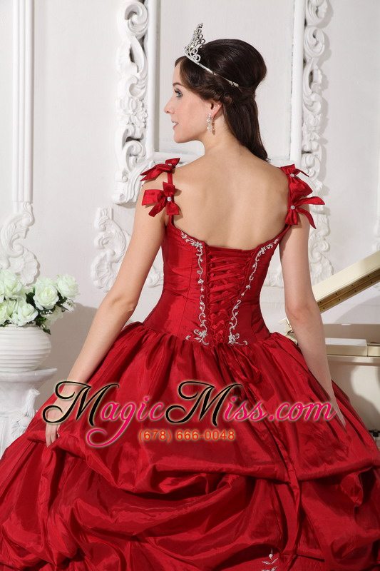 wholesale wine red ball gown straps floor-length taffeta embroidery quinceanera dress