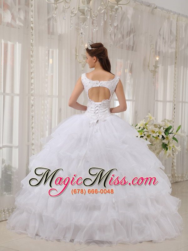 wholesale white ball gown scoop floor-length satin and organza appliques quinceanera dress