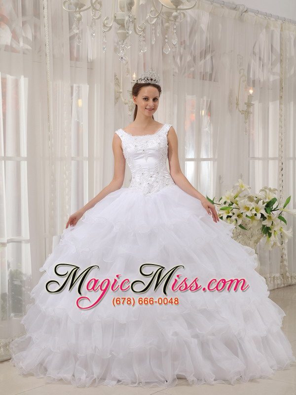 wholesale white ball gown scoop floor-length satin and organza appliques quinceanera dress