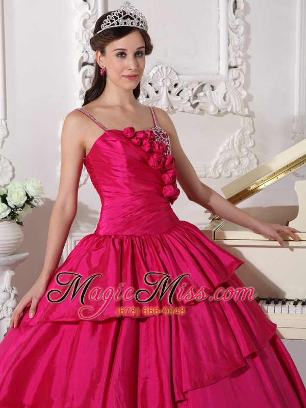 wholesale hot pink ball gown straps floor-length taffeta beading quinceanera dress