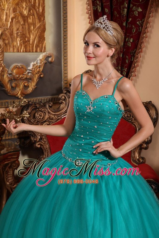 wholesale teal ball gown spaghetti straps floor-length tulle beading quinceanera dress