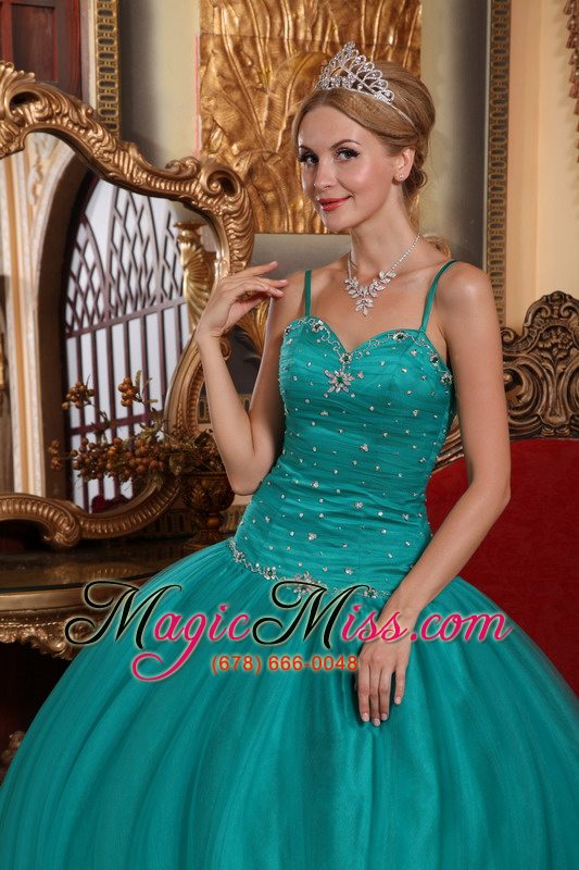 wholesale teal ball gown spaghetti straps floor-length tulle beading quinceanera dress