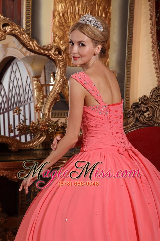 wholesale watermelon ball gown v-neck floor-length chiffon beading quinceanera dress