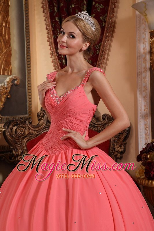 wholesale watermelon ball gown v-neck floor-length chiffon beading quinceanera dress