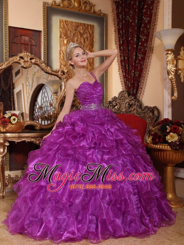 wholesale purple ball gown one shoulder floor-length organza beading quinceanera dress