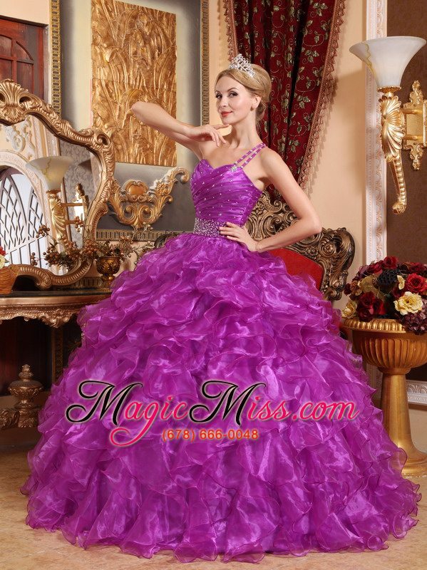 wholesale purple ball gown one shoulder floor-length organza beading quinceanera dress