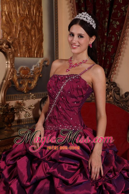 wholesale burgundy ball gown one shoulder floor-length taffeta pick-ups quinceanera dress