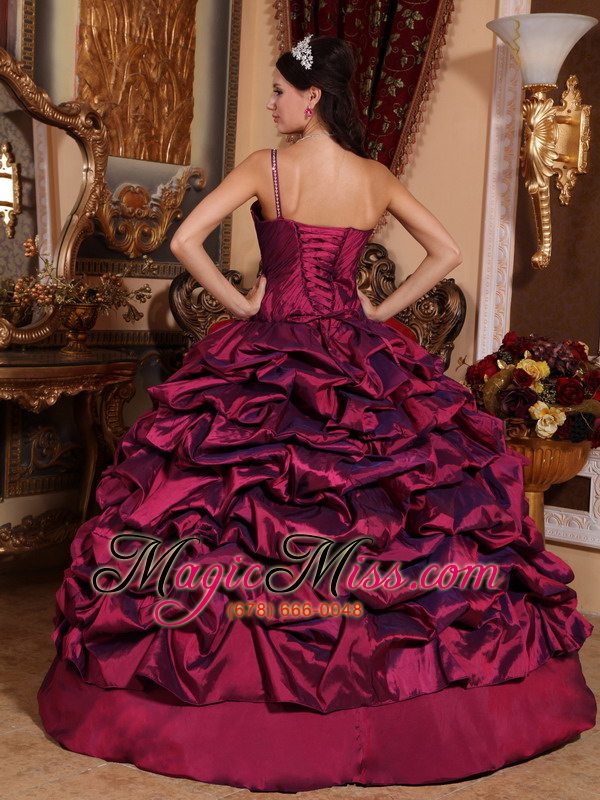 wholesale burgundy ball gown one shoulder floor-length taffeta pick-ups quinceanera dress