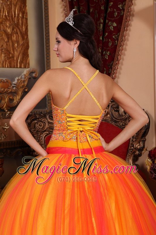 wholesale orange red ball gown v-neck floor-length taffeta and tulle beading quinceanera dress