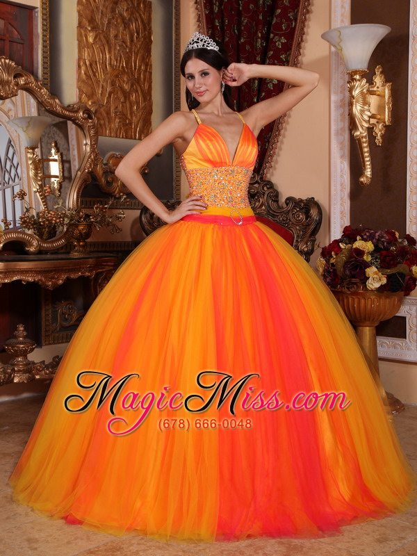 wholesale orange red ball gown v-neck floor-length taffeta and tulle beading quinceanera dress