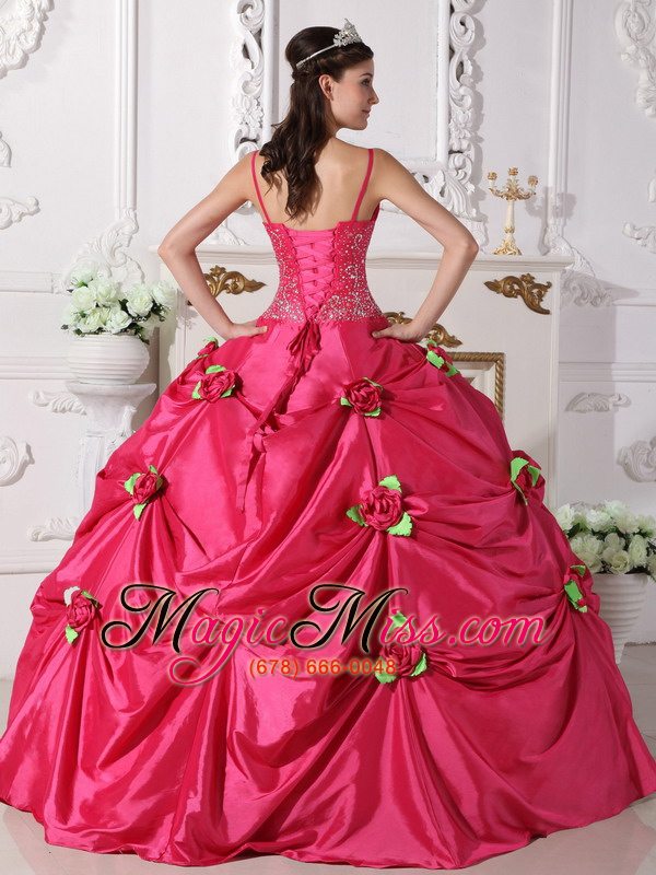 wholesale hot pink ball gown spaghetti straps floor-length taffeta beading quinceanera dress