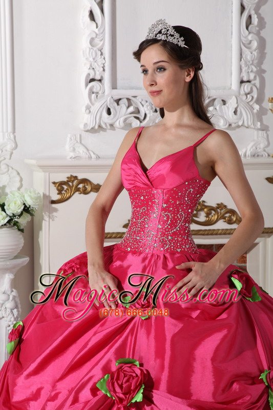 wholesale hot pink ball gown spaghetti straps floor-length taffeta beading quinceanera dress