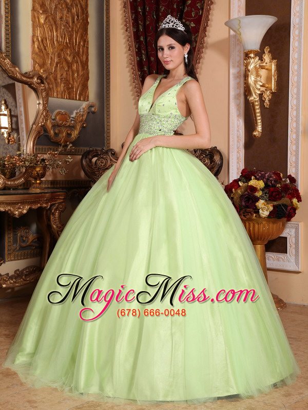 wholesale yellow green ball gown v-neck floor-length tulle and taffeta beading quinceanera dress
