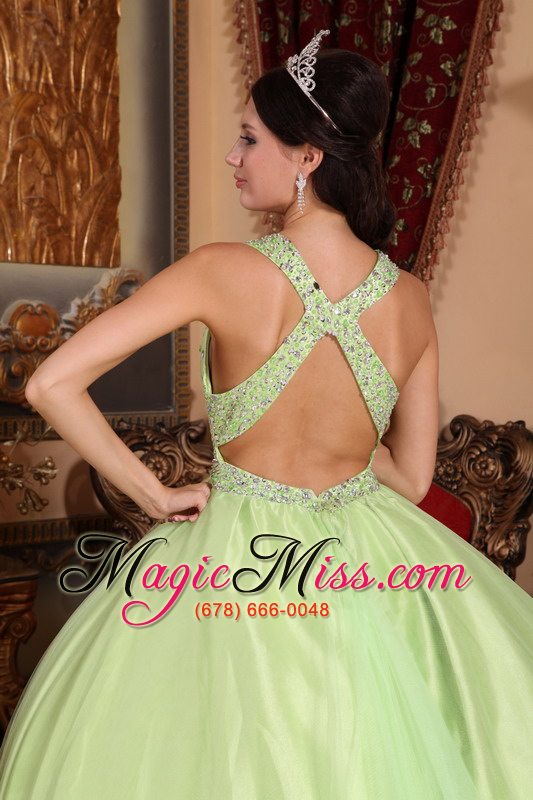 wholesale yellow green ball gown v-neck floor-length tulle and taffeta beading quinceanera dress