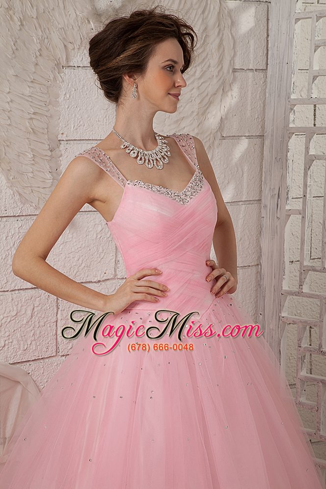 wholesale pink ball gown straps floor-length tulle beading quinceanea dress