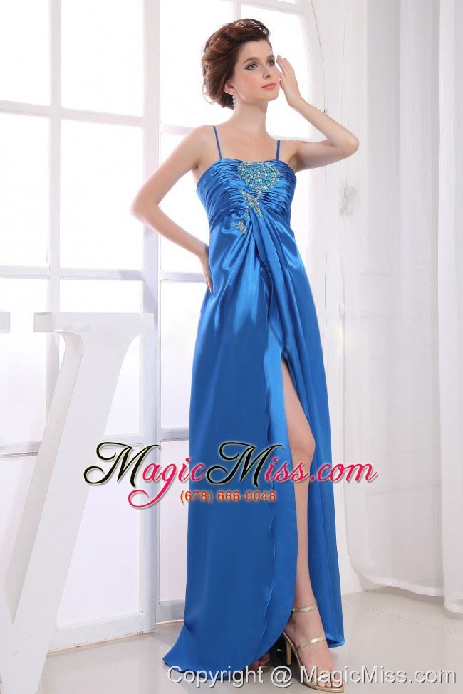 wholesale royal blue prom / evening dress with spaghetti straps appliques and beading high slit