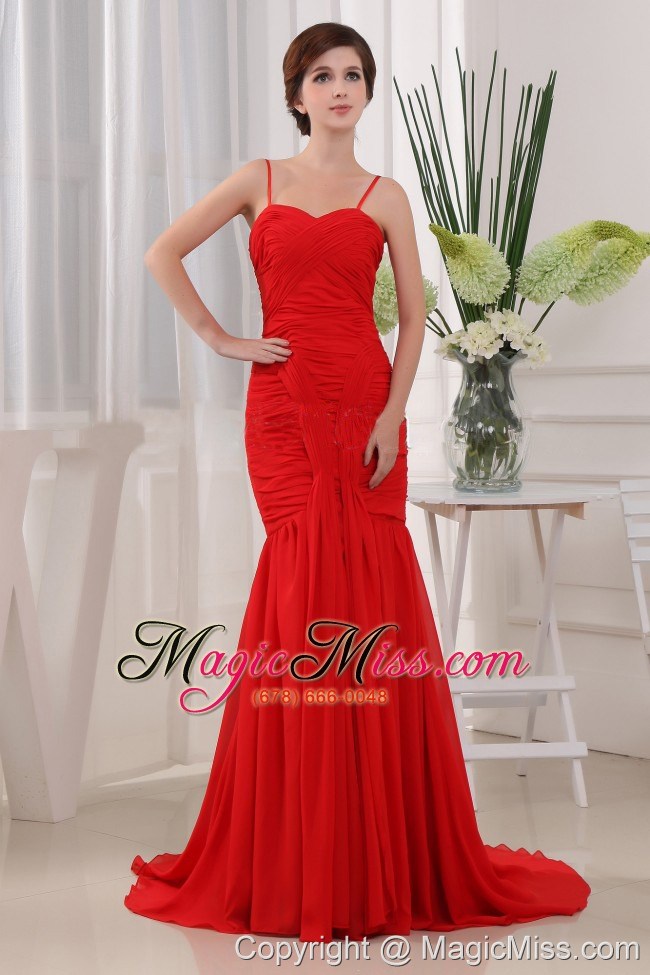 wholesale mermaid spaghetti straps chiffon brush/sweep ruched prom dress red