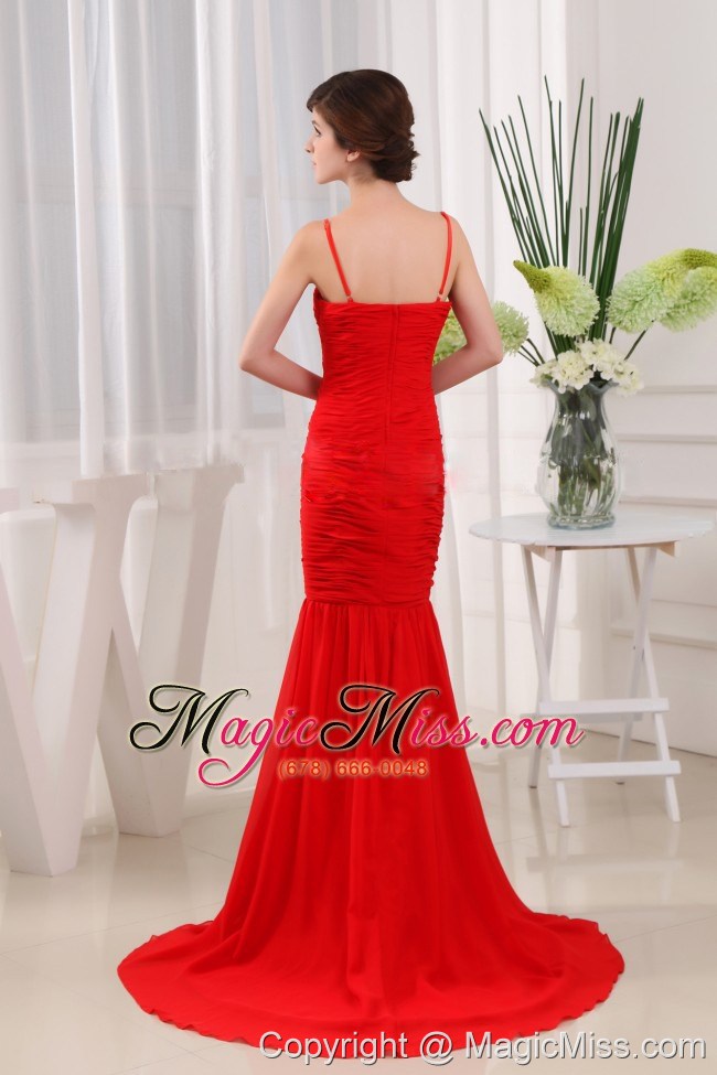 wholesale mermaid spaghetti straps chiffon brush/sweep ruched prom dress red