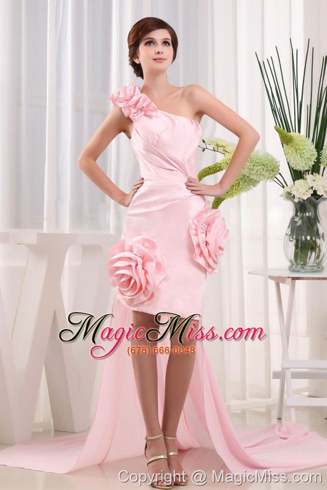 wholesale lovely high-low one shoulder hand made flowers baby pink prom dress strapless with ruch