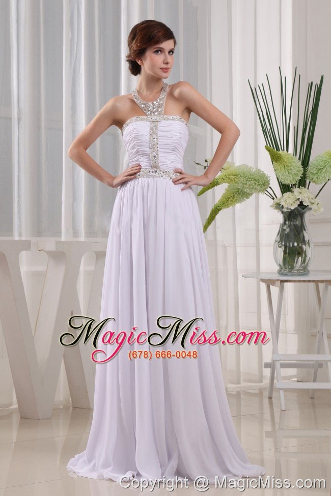 wholesale 2013 prom dress beading and ruch empire white with halter