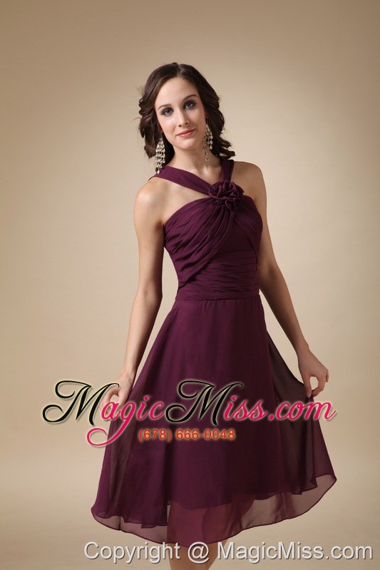 wholesale dark purple a-line v-neck knee-length chiffon hand made flower bridesmaid dress