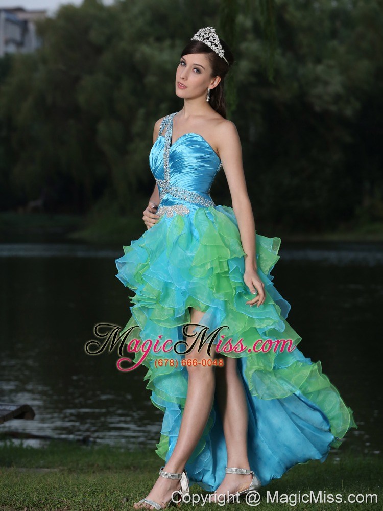 wholesale high-low multi-color evening dress in graduation party with ruffles one shoulder beaded decorate