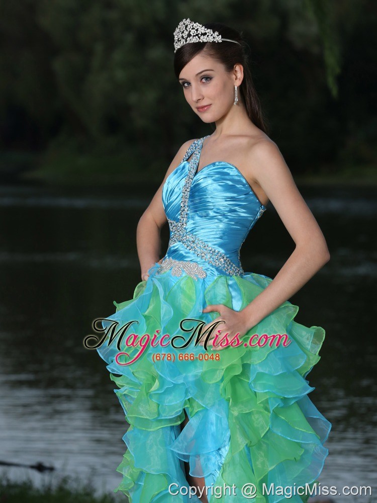 wholesale high-low multi-color evening dress in graduation party with ruffles one shoulder beaded decorate