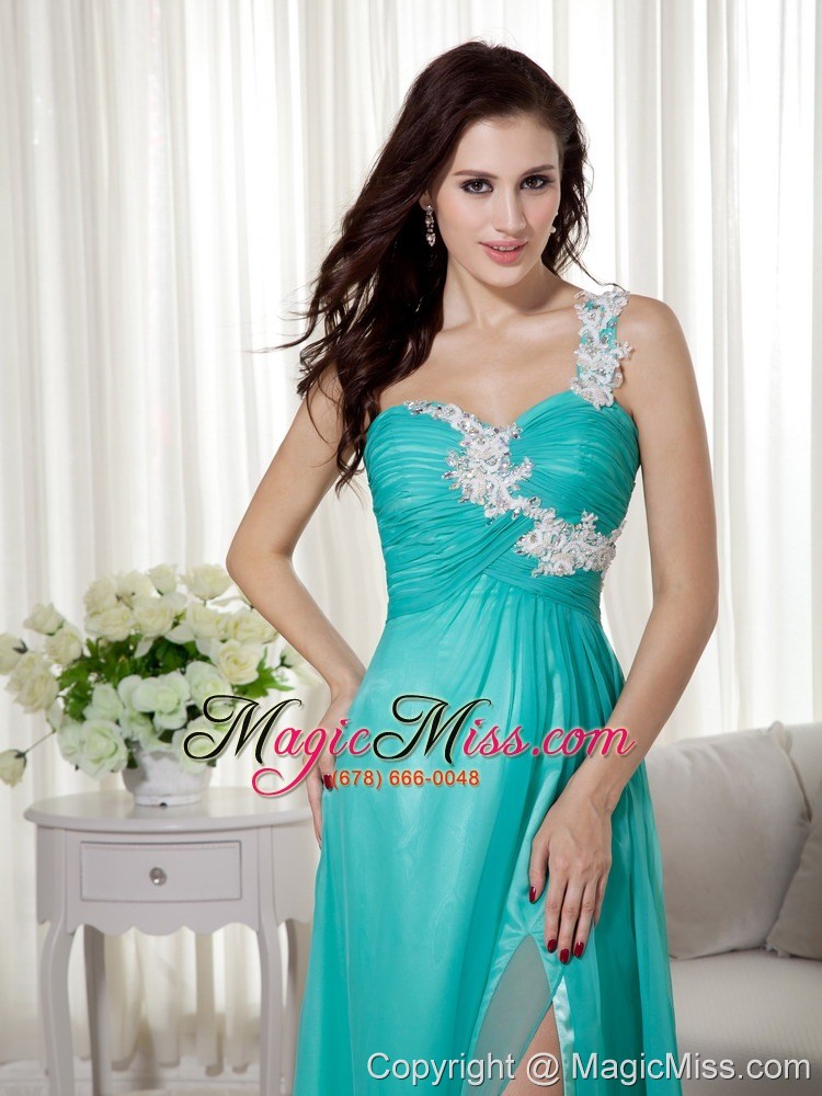 wholesale turquoise empire one shoulder brush train silk like satin and chiffon appliques prom dress
