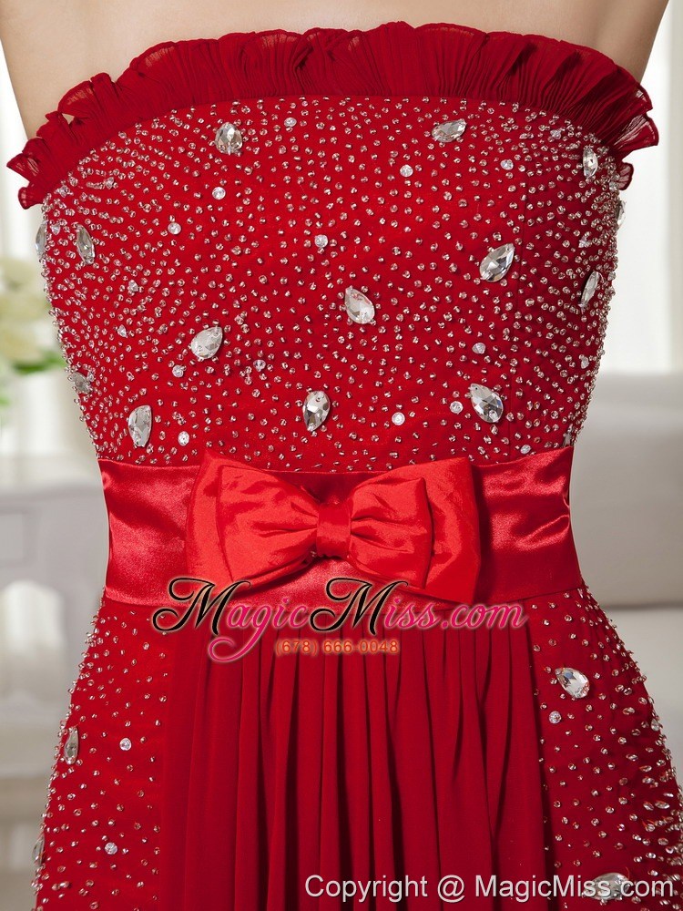 wholesale elegant wine red strapless beading prom dress brush train chiffon bow knot