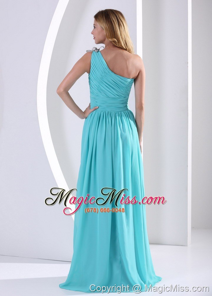 wholesale one shoulder ruched bodice aque blue bridesmaid dress for wedding party