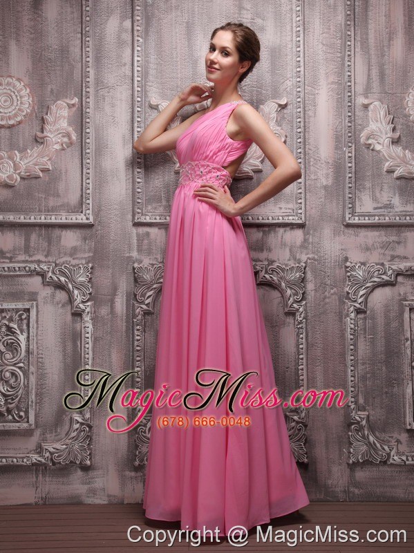 wholesale rose pink empire one shoulder floor-length chiffon beading prom / evening dress