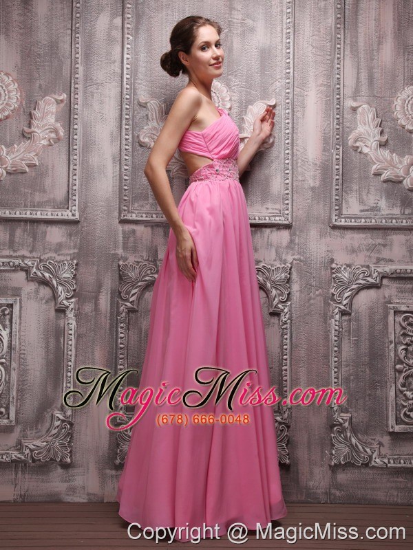 wholesale rose pink empire one shoulder floor-length chiffon beading prom / evening dress