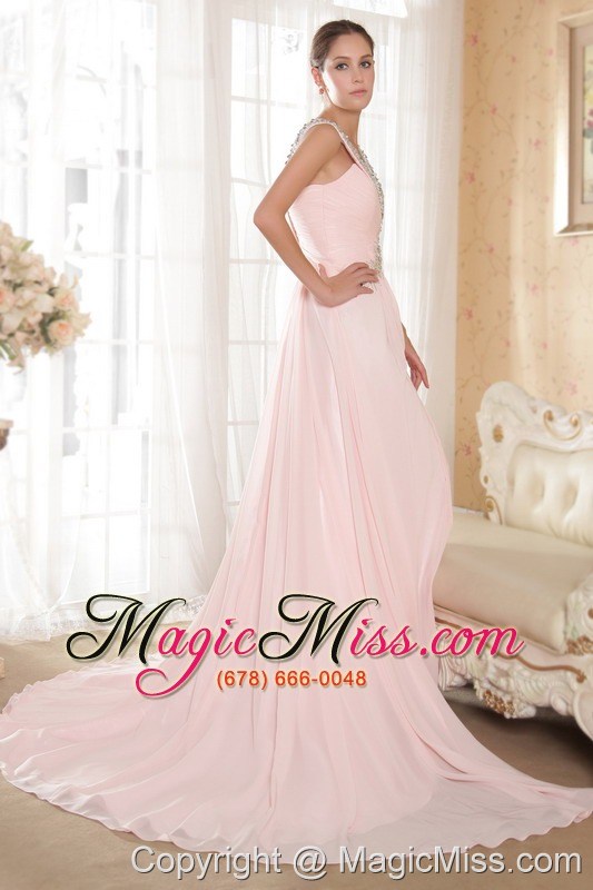 wholesale baby pink column / sheath straps court train chiffon beading and ruch prom / evening dress