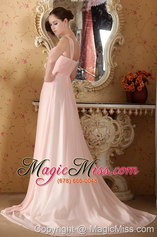 wholesale baby pink empire straps court train chiffon beading and ruch prom / graduation dress