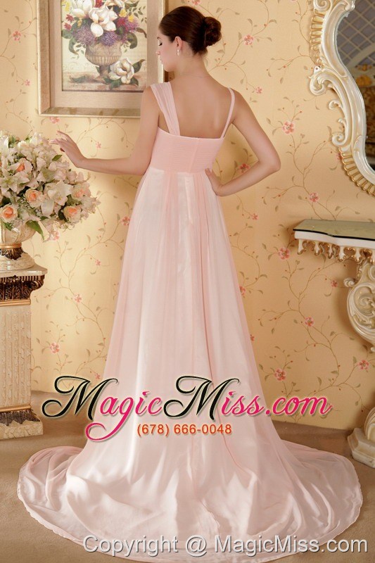 wholesale baby pink empire straps court train chiffon beading and ruch prom / graduation dress