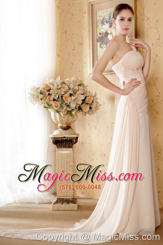 wholesale baby pink column one shoulder watteau train chiffon beading and ruch prom / graduation dress