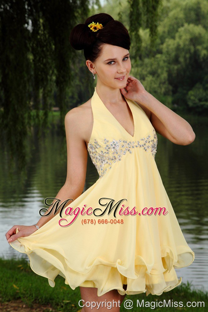 wholesale light yellow empire halter mini-length chiffon beading cocktail dress