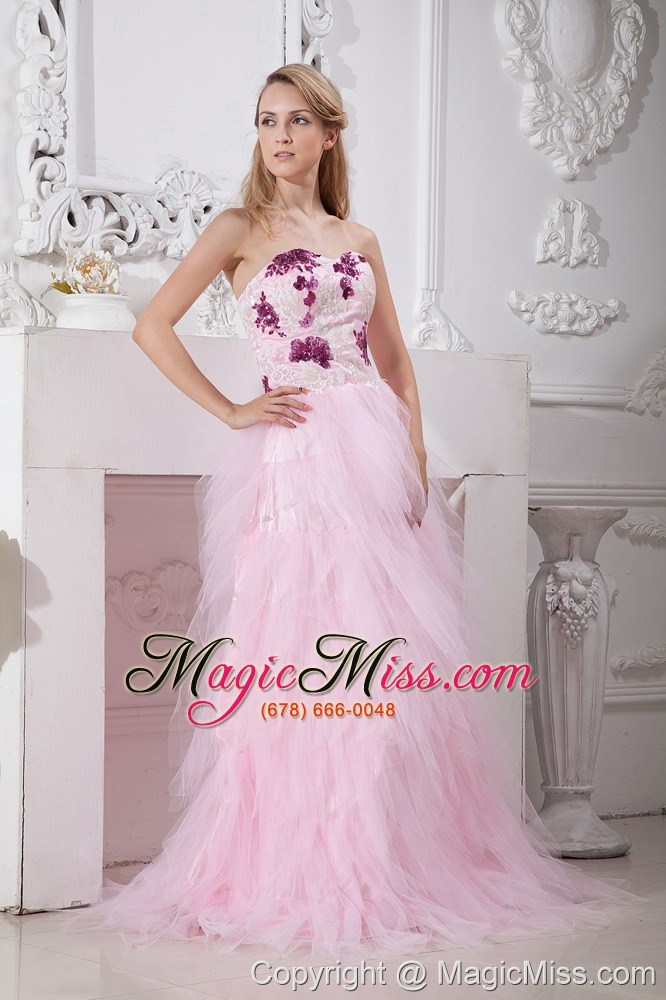 wholesale baby pink a-line sweetheart brush train taffeta and tulle appliques prom dress
