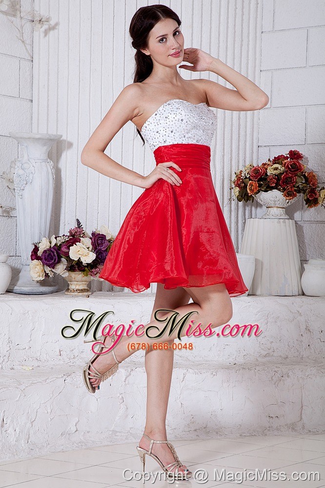 wholesale red and white a-line strapless short prom / homecoming dress organza beading mini-length