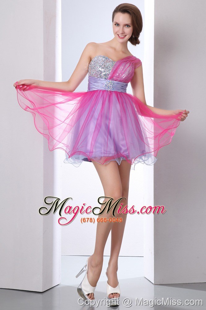 wholesale hot pink and lilac a-line one shoulder beading prom dress mini-length organza