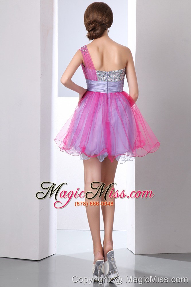 wholesale hot pink and lilac a-line one shoulder beading prom dress mini-length organza