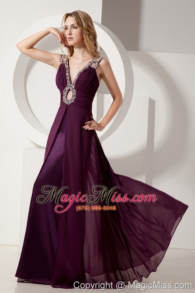 wholesale dark purple prom dress column v-neck floor-length elastic woven satin and chiffon beading