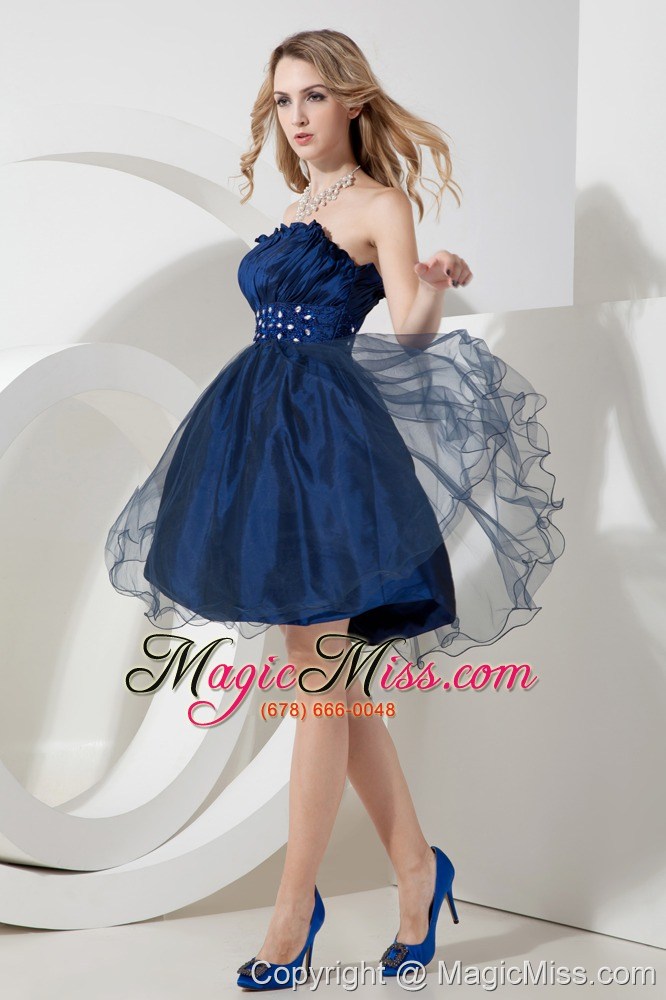 wholesale navy blue a-line / princess strapless knee-length organza beading prom dress