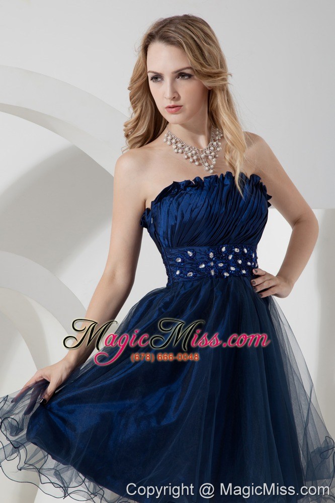 wholesale navy blue a-line / princess strapless knee-length organza beading prom dress