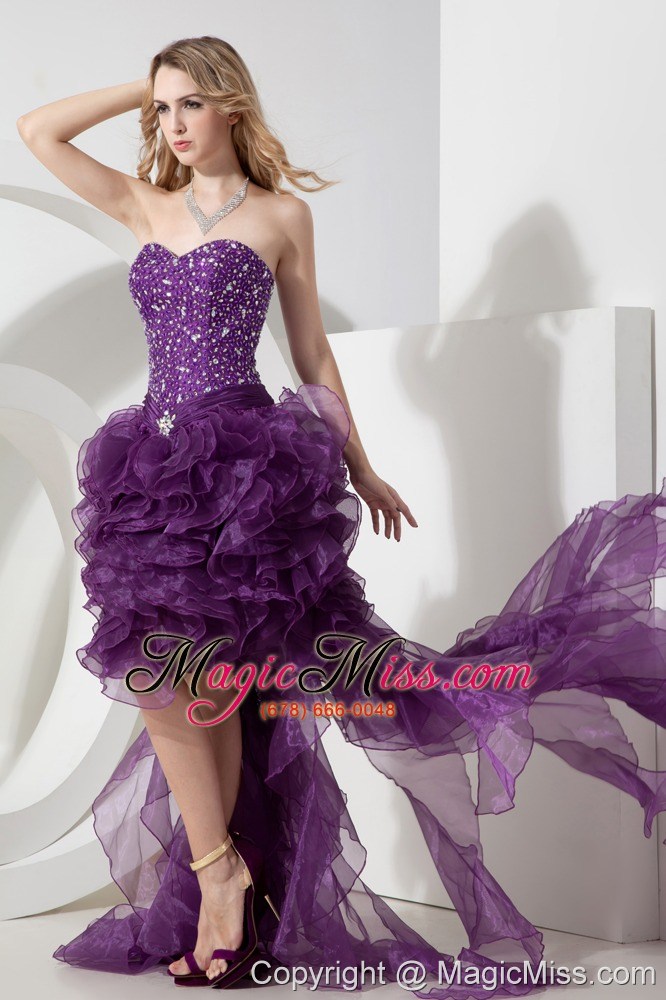 wholesale purple high-low organza beading prom dress column / sheath sweetheart