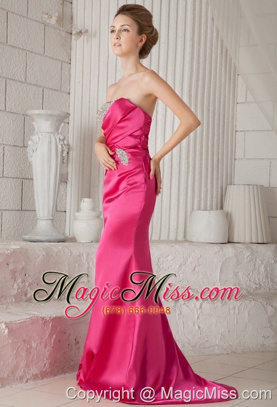 wholesale hot pink trumpet / mermaid strapless brush train elastic woven satin beading prom / pageant dress