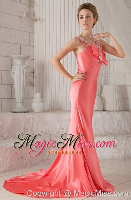 wholesale watermelon column spaghetti straps brush train elastic woven satin beading prom / celebrity dress