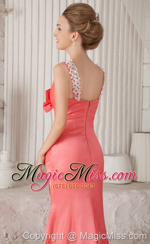 wholesale watermelon column spaghetti straps brush train elastic woven satin beading prom / celebrity dress